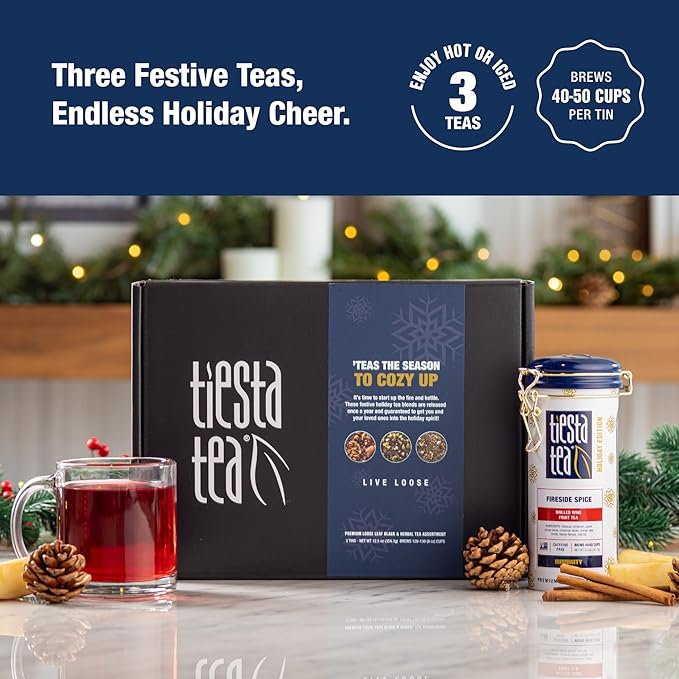 Tiesta Tea - Holiday Loose Leaf Tin Gift Box, High to Non Caffeinated Tea Variety Pack, Make Hot & Iced, 3 Tins of Assorted Holiday Blends, Fireside Spice, Peppermint Cocoa & Cocoa Mocha