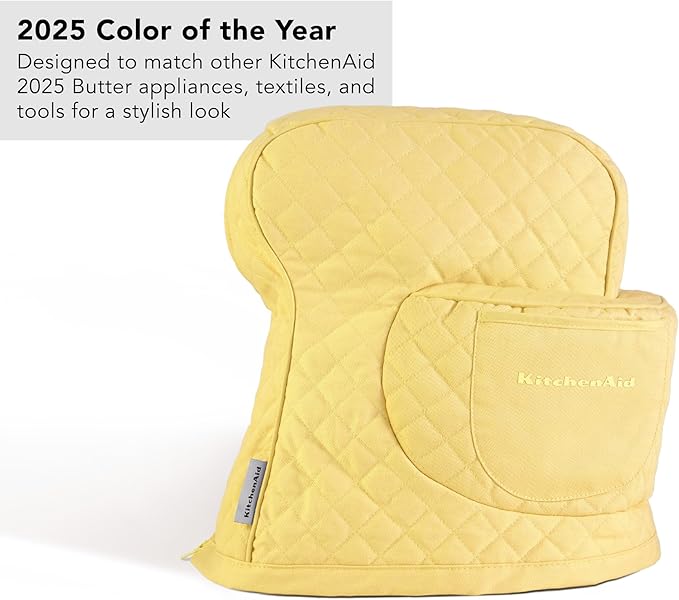 KITCHENAID Fitted Tilt-Head Stand Mixer Cover with Storage Pocket, Quilted 100% Cotton,14.4"x18"x10", Butter Yellow