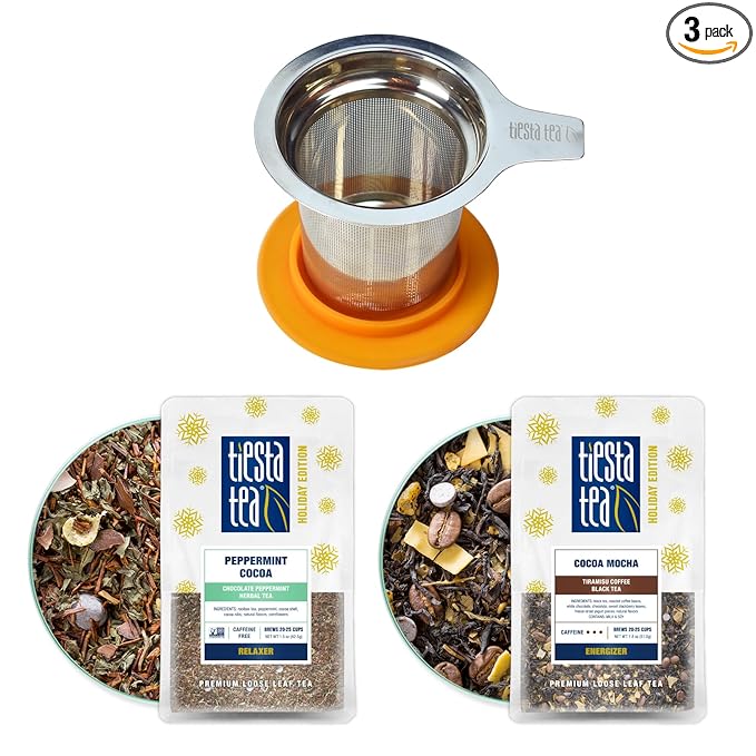 Tiesta Tea - Hot Cocoa Tea Gift Set, Loose Leaf, Cocoa Mocha & Peppermint Holiday Blends with Infuser, High to Non-Caffeinated, Stainless Steel Brew Basket & 2 Resealable Pouches