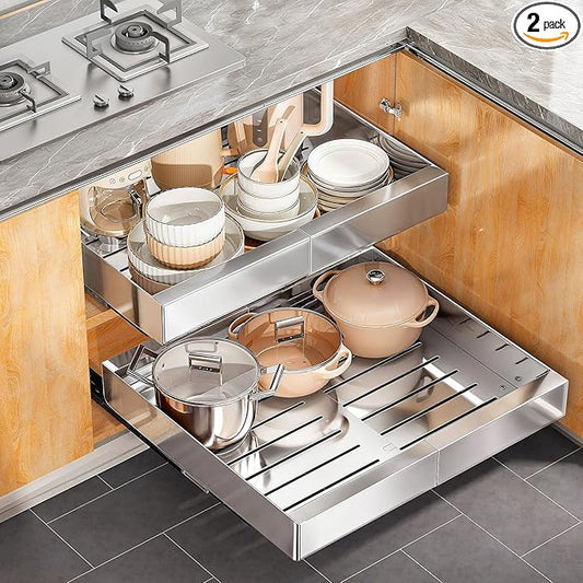 Pull out Cabinet Organizer, Stainless Steel Expandable(12"-20") Heavy Duty Slide out Drawers Fixed with Adhesive Nano Film for Pots, Roll out Shelf Storage for Kitchen Base(Silver-2pcs)(3 Rails)