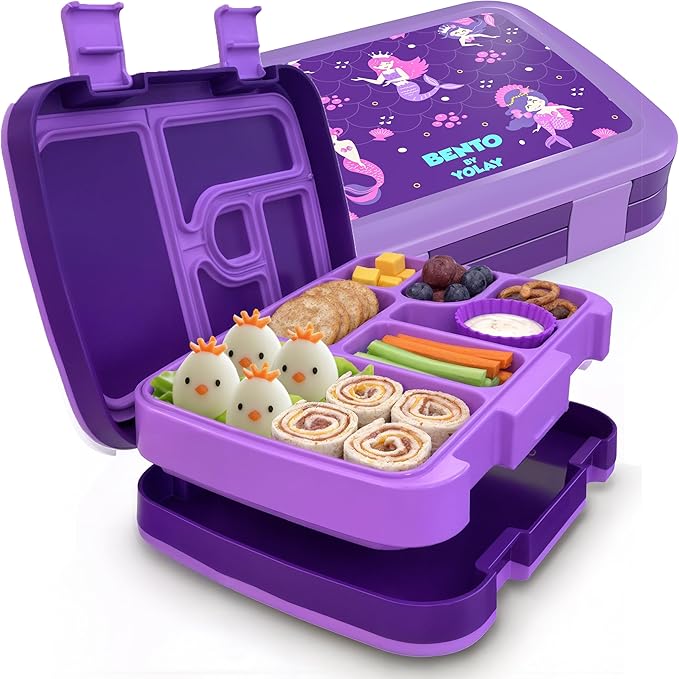 YOLAY Bento Box for Kids Lunch Box Leak-Proof, 5-Compartment Lunch Box Kids for Ages 3-10, Durable with Anti-Slip Base, Suitable for Schools, Outdoor and Travel (Mermaid)