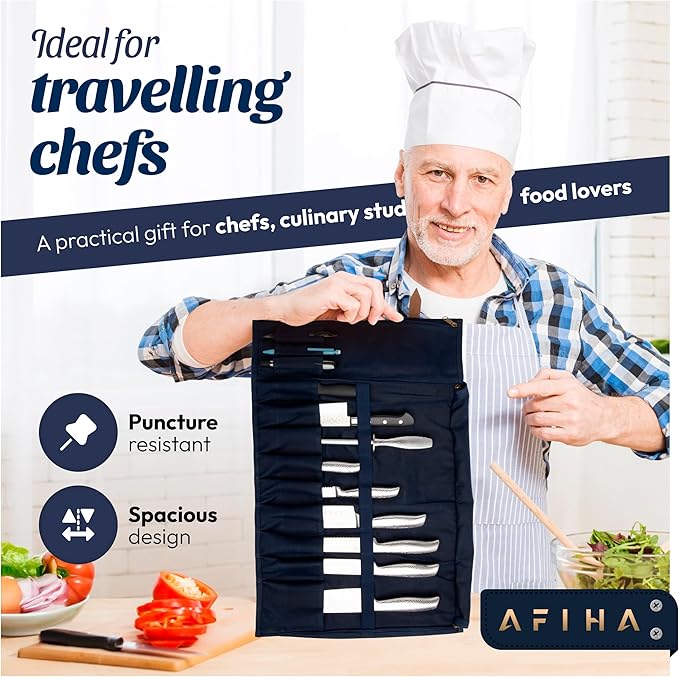Chef’s Knife Roll Bag with 100% Top Grain Leather Knife Roll Bag with Waxed Canvas & Zippered Cover | Adjustable Strap with 9 knives Slots, Extra Storage & Pocket | US Brand