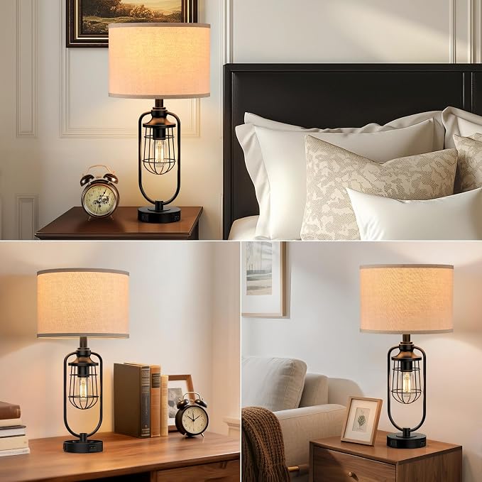 24" Farmhouse Table Lamps for Living Room Set of 2, Industrial Bedside Lamp for - Image 4