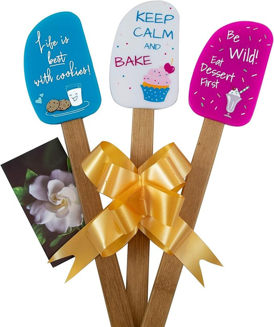 3 Piece Fun Silicone Spatula Gift Set with lovely bow and photo gift card. Easy clean, durable, high temperature and stain resistant. Bamboo handles. Great for gifts, baking, cooking, sauteing.