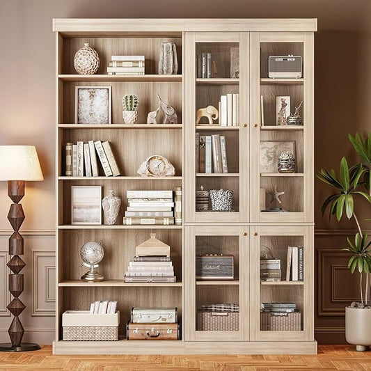 70.8" Tall Farmhouse Bookshelf with Glass Doors, Modular Bookcase with 6-Tier Adjustable Shelves, Large Storage Cabinet for Kitchen, Living Room, Brown, Set of 2