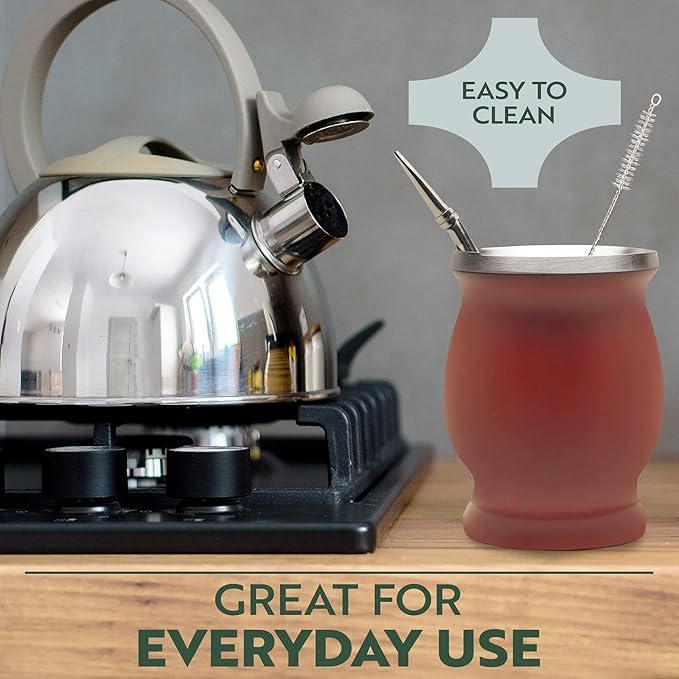 Norte Yerba Mate Cup Kit, 8-Ounces Traditional Mate Tea Cup/Gourd Set | Includes 2 Bombillas (Yerba Mate Straw) & Cleaning Brush, Stainless Steel Cup, Double-Walled, Easy to Clean | Burgundy