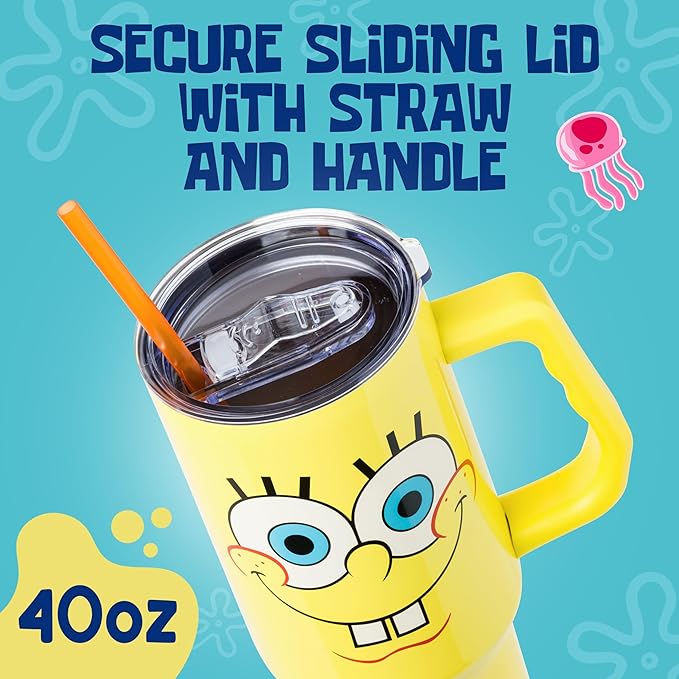 Silver Buffalo SpongeBob SquarePants Stainless Steel Tumbler with Handle, Fits in Standard Cup Holder, 40 Ounces