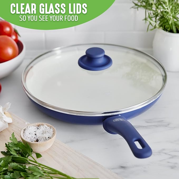 GreenLife Soft Grip Healthy Ceramic Nonstick, 12" Frying Pan Skillet with Lid, PFAS-Free, Dishwasher Safe, Blue