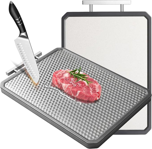 Stainless Steel Cutting Board for Kitchen, Large Chopping Board（16.42×11 In）Double Sided Non-Slip Edge Scratch-resistant Mesh Design, Food-Grade Wheat Straw PP, Non Toxic Cutting Board,Easy to Clean