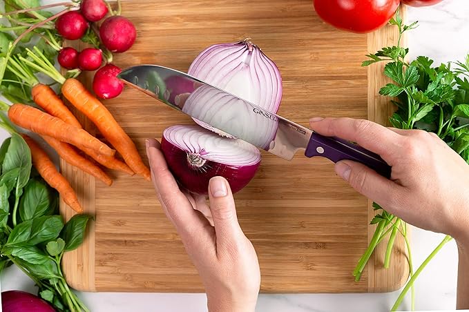 Ginsu Kiso 14-Piece Purple Knife Set with Natural Block - Dishwasher Safe and Always Sharp
