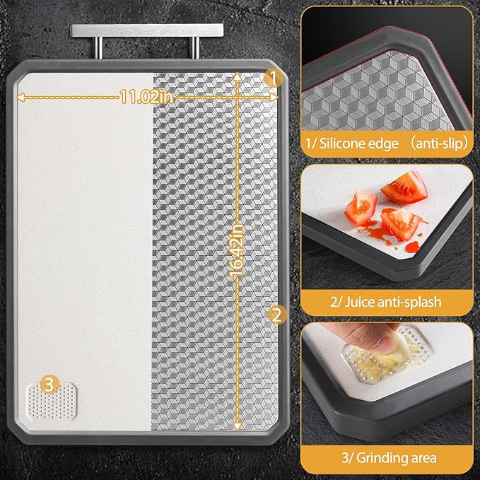 Stainless Steel Cutting Board for Kitchen, Large Chopping Board（16.42×11 In）Double Sided Non-Slip Edge Scratch-resistant Mesh Design, Food-Grade Wheat Straw PP, Non Toxic Cutting Board,Easy to Clean