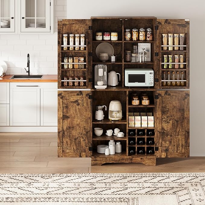 71" Tall Kitchen Pantry, Farmhouse Storage Cabinet with Doors, Shelves, Rustic Wood Cupboard, Built-in Wine Storage Grid & 6 Door Shelves for Kitchen, Dining Room, Rustic Brown