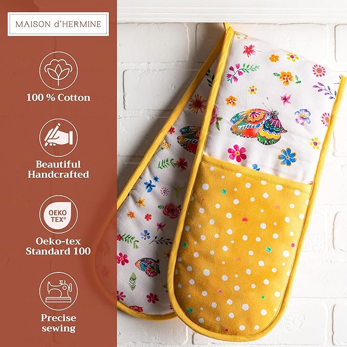 Maison d' Hermine Double Oven Mitts 100% Cotton 7"x35" Double Oven Mitt Heat Resistant BBQ Cooking Gloves with Loop, Baking, Grilling, Kitchen, Handling Hot Pans Spring Summer (Happy Florals - Sweety)