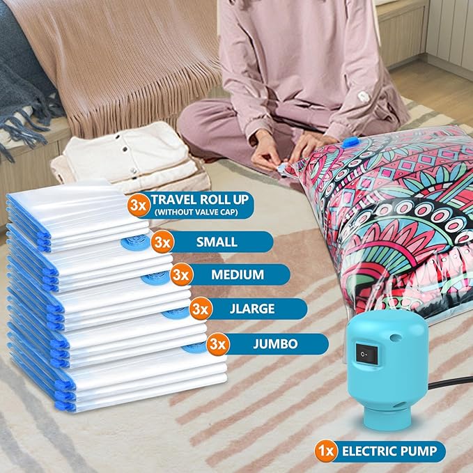 Vacuum Storage Bags for Travel with Electric Air Pump,15 Pack(3 Jumbo,3 Large,3 Medium,3 Small,3 Roll Up Bags) Double Zip Seal Space Saver Bag for Comforters,Clothes,Mattress,Blanket, Duvets