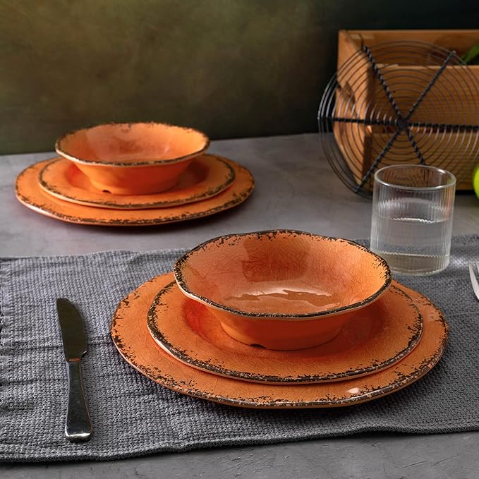 LEHAHA Melamine Salad/Dessert Plates, Crackled Design Plates Set of 6, 9 inch Small Dinner Plates, Modern Rustic Kitchen Serving Dishes for Party, Picnic and Camping Use, Orange