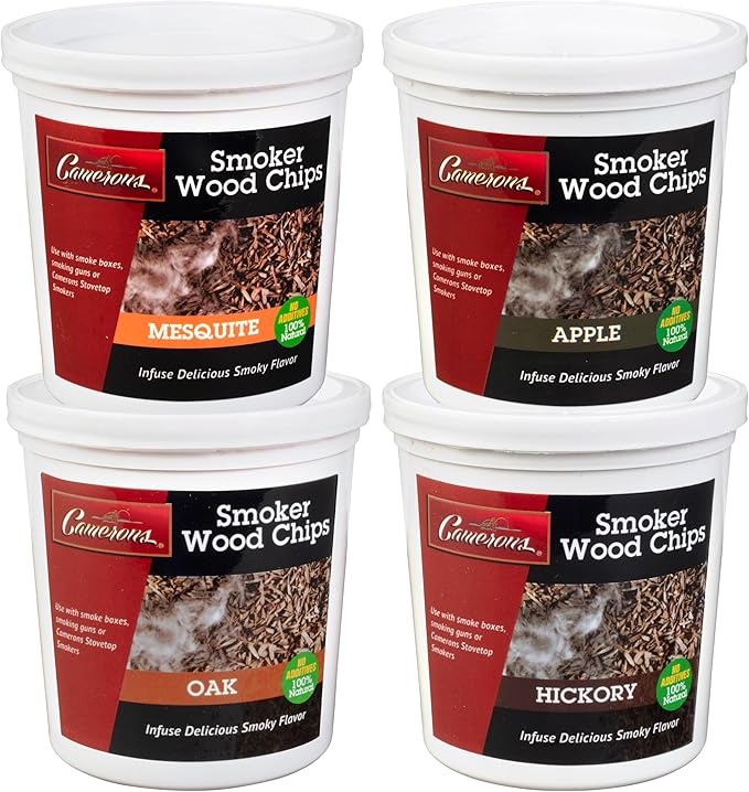 Camerons All Natural Extra Fine BBQ Wood Chips, 4 Pack - Apple, Oak, Hickory, Mesquite (4 Pints) - Kiln Dried Sawdust Shavings for Smoking Guns, Smokers, Smoke Boxes - Barbecue Grilling Gift for Dad