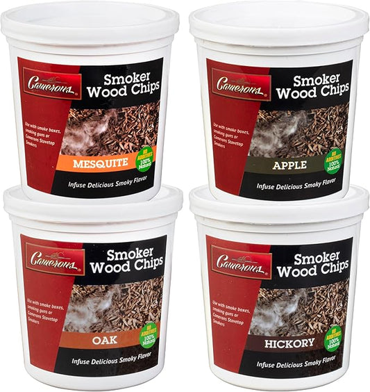 Camerons All Natural Extra Fine BBQ Wood Chips, 4 Pack - Apple, Oak, Hickory, Mesquite (4 Pints) - Kiln Dried Sawdust Shavings for Smoking Guns, Smokers, Smoke Boxes - Barbecue Grilling Gift for Dad