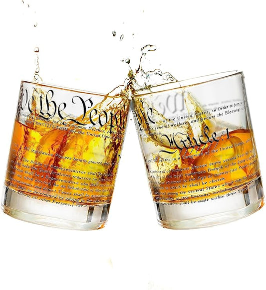 Greenline Goods Whiskey Glasses – United States Constitution We The People (Set of 2) - 10 oz Tumblers - American US Patriotic Gift Set - Old Fashioned Cocktail Glasses