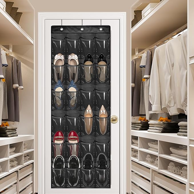 Over The Door Shoe Organizer - Space Saving Shoe Rack for Closet Door with 24 Pockets and Hook, Shoe Holder Back of Door Organizers for Shoes, Hanging Shoe Organizer (Black)