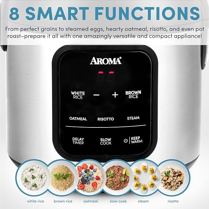 AROMA® Digital Rice Cooker, 4-Cup (Uncooked) / 8-Cup (Cooked), Steamer, Multicooker, Slow Cooker, Oatmeal Cooker, Auto Keep Warm, 2 Qt, Stainless Steel Exterior