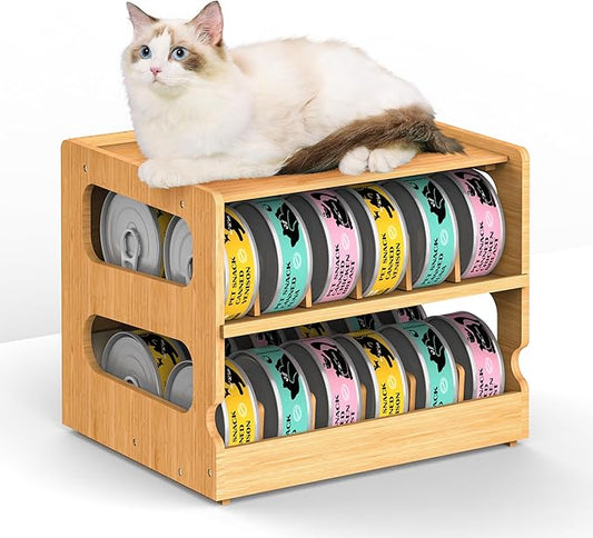 Teamkio Can Organizer for Pantry, Bamboo Pantry Organizer, 2 Tier Stackable Can Storage Rack Ideal for 36 Human and Pet Food Cans(FIFO)