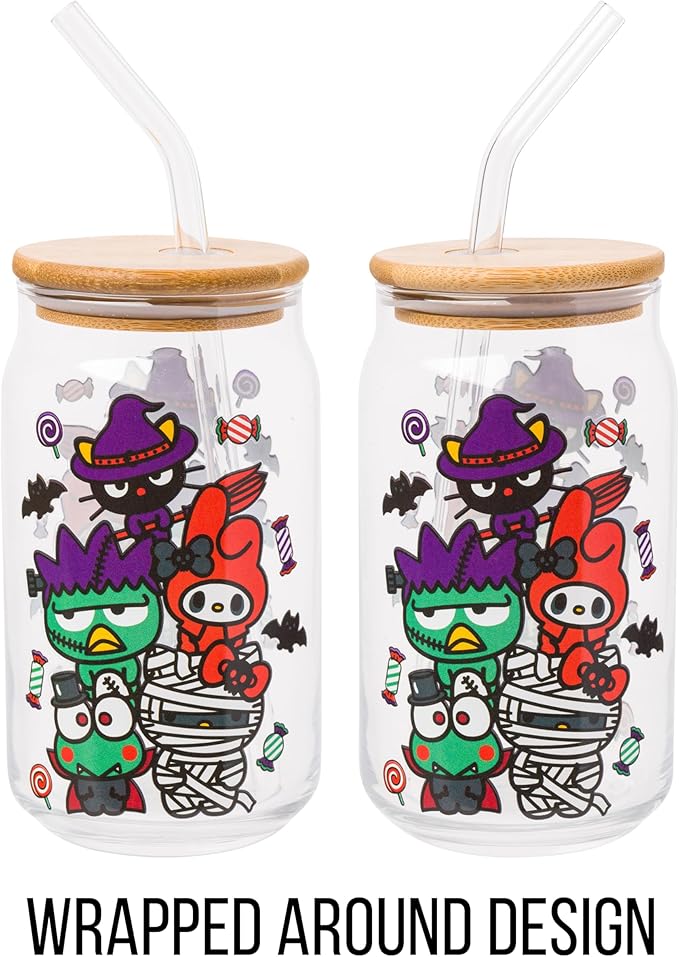 Silver Buffalo Sanrio Hello Kitty &Friends Halloween Spooky Badtz-Maru Frankenstein,Chococat Witch,My Melody Ghost,Keroppi Vampire,Mummy Glass Jar Tumbler w Bamboo Lid&Glass Straw,16oz(Pack of 12)
