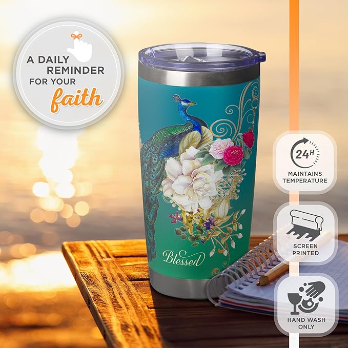 Christian Art Gifts Stainless Steel Double Wall Vacuum Insulated Tumbler 18 oz Peacock Teal Travel Mug with Retractable Lid Inspirational Bible Verse for Women - Blessed Faith -Jeremiah 17:7