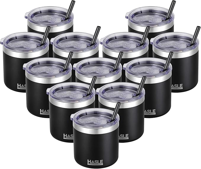 HASLE OUTFITTERS 10oz Insulated Tumblers with Lid and Straw,Stainless Steel Tumbler Travel Coffee Mug,Double Wall Reusable Tumbler Cup for Iced and Hot Drinks(Black,12 Pack)