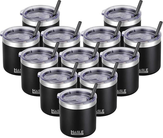 HASLE OUTFITTERS 10oz Insulated Tumblers with Lid and Straw,Stainless Steel Tumbler Travel Coffee Mug,Double Wall Reusable Tumbler Cup for Iced and Hot Drinks(Black,12 Pack)