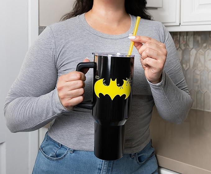Silver Buffalo DC Comics Batman Logo Stainless Steel Tumbler with Handle and Straw, Fits in Standard Cup Holder, 40 Ounces