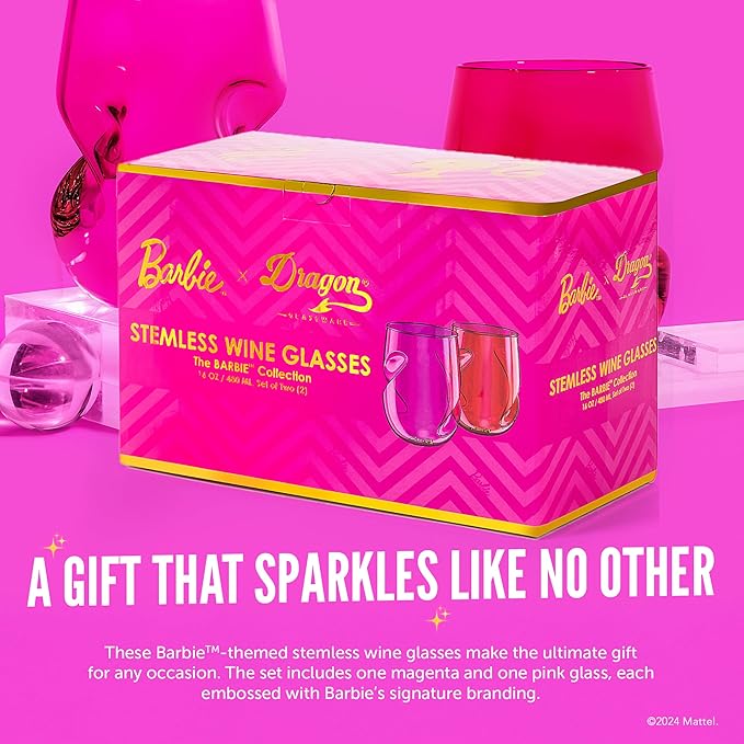Dragon Glassware x Barbie Wine Glasses - 16 oz Magenta & Pink Wine Glasses Set of 2 - Stemless with Finger Indentations - Aerates Naturally - Barbie Gifts for Women