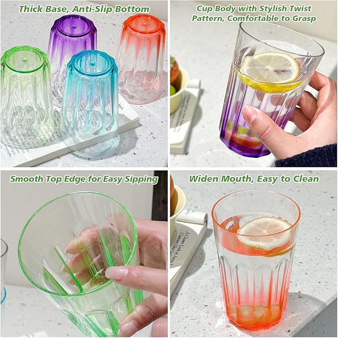 Plastic Drinking Glasses Set of 8, Plastic Cups Reusbale Tumblers for Kitchen Camping, Water Cup Set with Gradient Color, Unbreakable Bathroom Cups, BPA Free, Dishwasher Safe, 15.2oz, 4 Colors,8 Pack