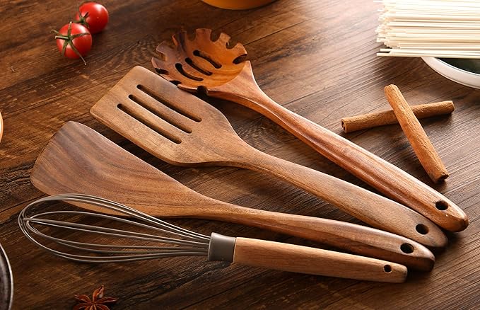 Wooden Kitchen Utensils Set with Holder, NAYAHOSE 11 Pcs Teak Wooden Cooking Spoons and Spatulas with Stainless Steel Storage Barrel