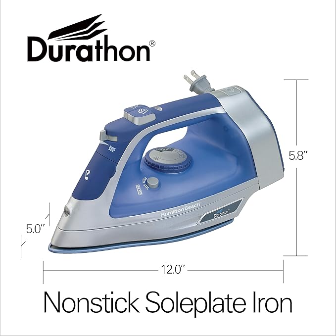 Hamilton Beach Steam Iron & Vertical Steamer for Clothes with Scratch-Resistant Durathon Soleplate, 8' Retractable Cord, 3-Way Auto Shutoff, Anti-Drip, 1500 Watts, Blue (Pack of 2)