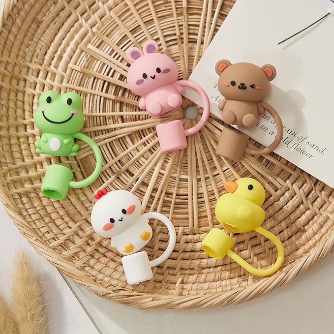 Silicone Cute Animal Straw Cover Cap for Stanley 30&40 Oz Tumbler with Handle, 6 Count, 10mm, Color 2