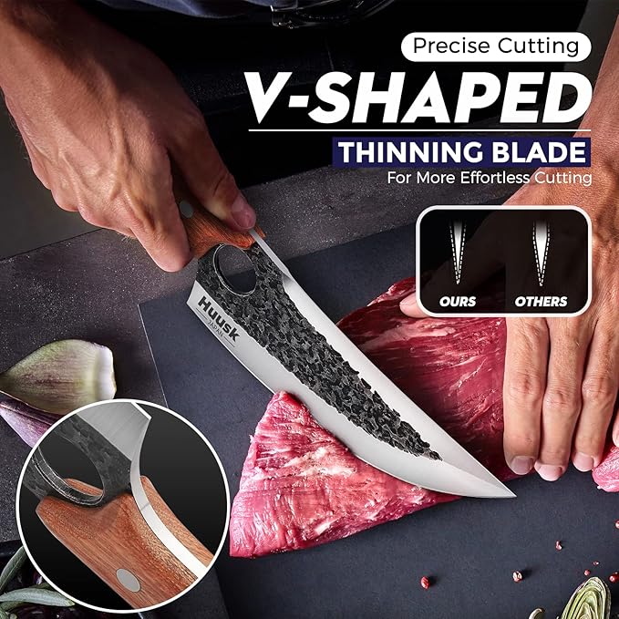 Huusk Knife Japan Kitchen, Upgraded Viking Knives with Sheath Hand Forged Butcher Knife for Meat Cutting Japanese Cooking Meat Cleaver Huusk Chef Knives for Outdoor Camping, BBQ