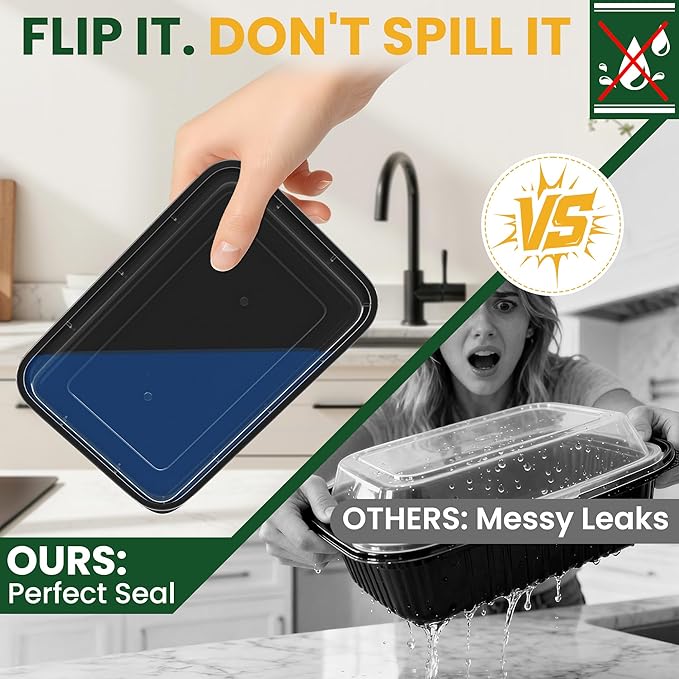 38oz Meal Prep Containers [50-Pack], Reusable Bento Box with Easy-Snap Leakproof Lids - Microwave, Dishwasher & Freezer Safe Food Storage, BPA-Free Plastic Lunch Containers (Black)