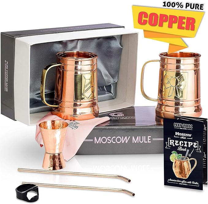 G GOODYGOODS Moscow Mule Copper Mugs: Make Any Drink Taste Better! 100% Pure Solid Copper His & Hers Gift Set - 2 Hammered 18 OZ Cups, 2 Unique Straws, Jigger & Recipe Booklet