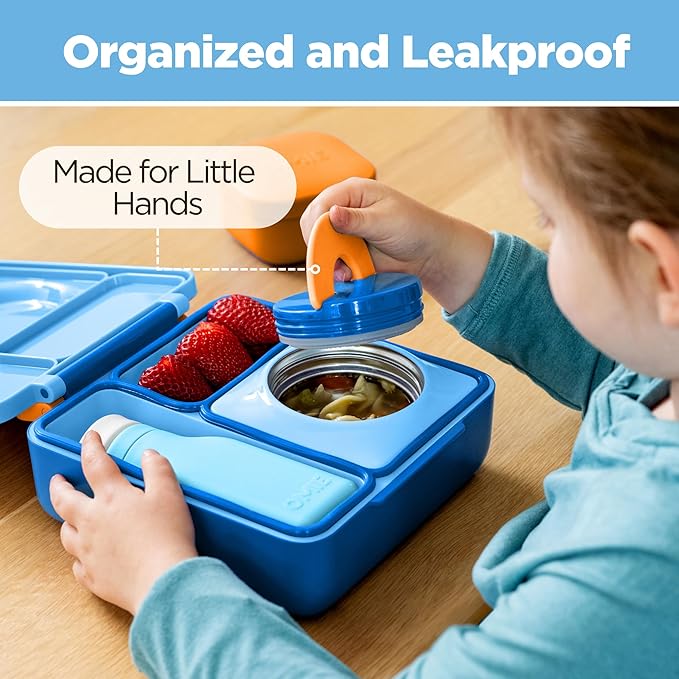 OmieBox Bento Box for Kids - Insulated Bento Lunch Box with Leak Proof Vacuum Insulated Food Jar - 3 Compartments, Two Temperature Zones (Blue Sky)