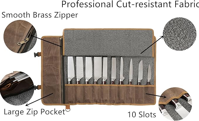 Denifiter Professional Chef's Knife Bag with Anti Cutting Fabric Inside, Heavy Duty 16oz Waxed Canvas Knife Roll, 11 Slots & Durable Handle Adjustable Shoulder Strap (Grey)