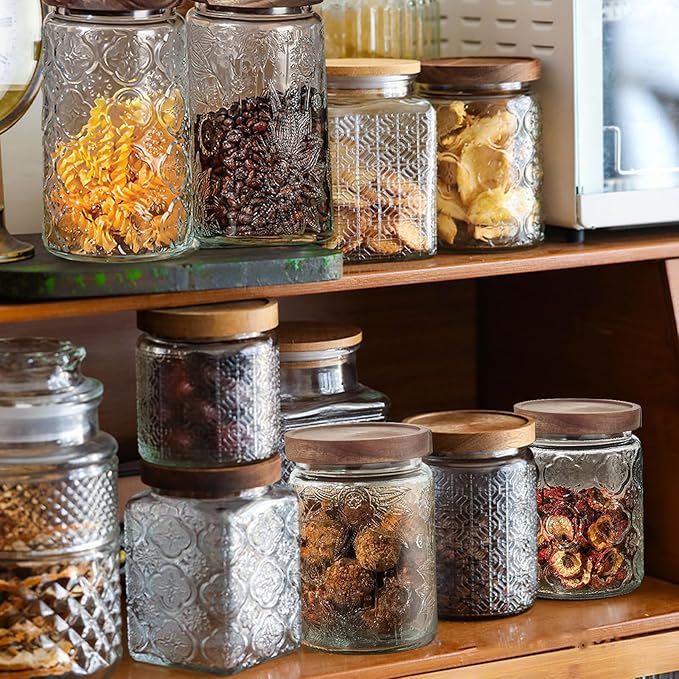 24 OZ/6 PCS Glass Storage Jar with Airtight Bamboo Wooden Lids, Vintage Food Containers Canisters Sets for Kitchen Counter Pantry, Sugar, Flour, Candy, Tea, Coffee Beans, Oats, Grain Bin, Pasta,