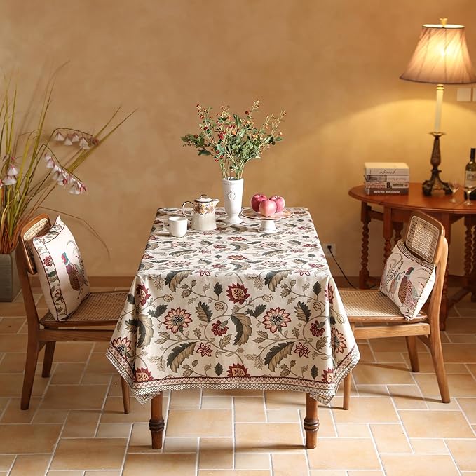 ISAENNE Designer Provence Floral Table Cloth for Rectangle Table,Linen Colorful Washable Indoor Tablecloth,Durable Decor Tablecloths for Dining Thanksgiving Kitchen Christmas,55"*79"-Ratina