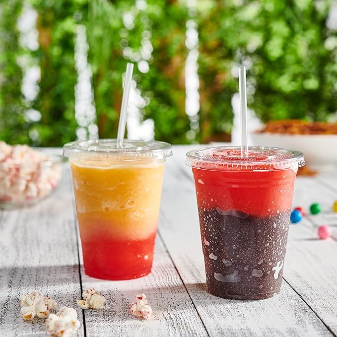 GUSTO Clear Plastic Cups with Flat Lids [16 oz - 50 Count] - Disposable Iced Coffee Cups with Lids - PET Plastic Cold Cups for Smoothies, Juices & To-Go Drinks - Formerly Comfy Package