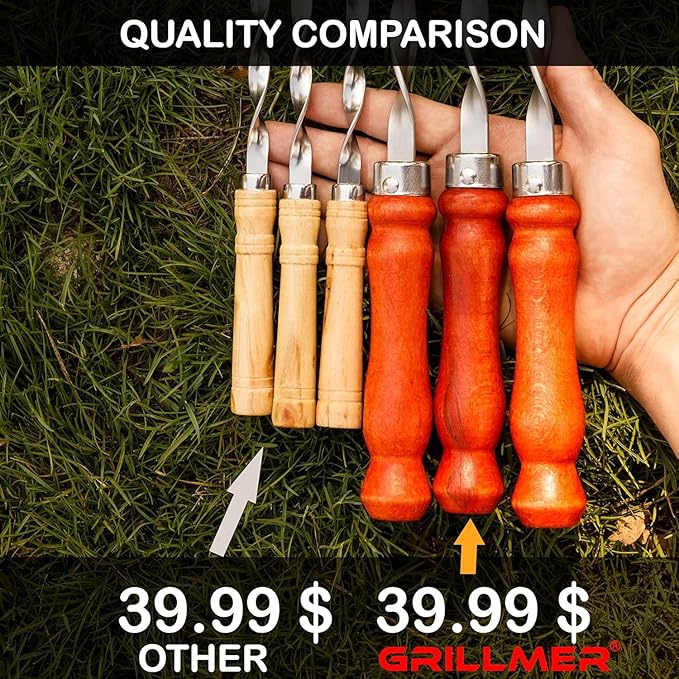 Premium BBQ Skewers with Wooden Handles 23.6" Shish Kabob Skewers Stainless Steel Long & Reusable Kabob Sticks Barbecue Skewers for Grilling Set of 10 Piece (10, 23.6 Inches)