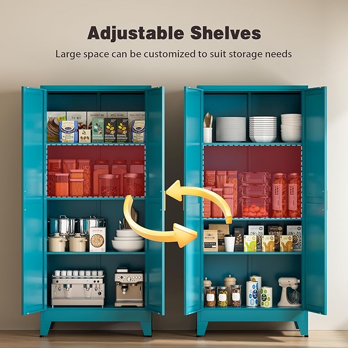 61" Tall Metal Pantry Cabinet, Kitchen Storage Cabinet with 2 Doors and 3 Adjustable Shelves for Kitchen, Living Room, Dining Room, Bathroom and Home, Office (Blue, 61" H)