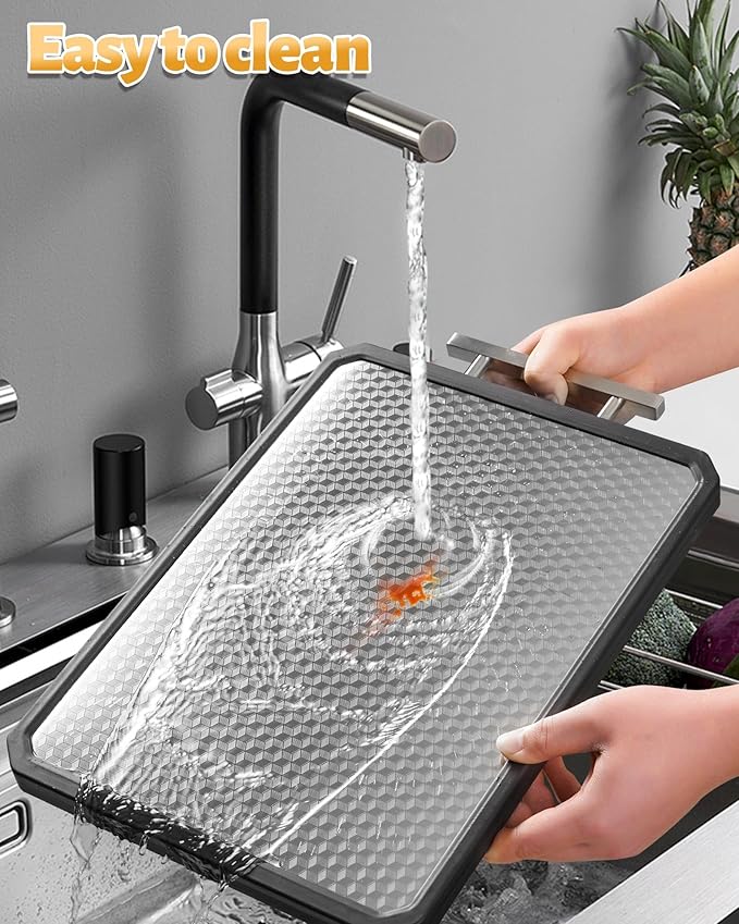 Stainless Steel Cutting Board for Kitchen, Large Chopping Board（16.42×11 In）Double Sided Non-Slip Edge Scratch-resistant Mesh Design, Food-Grade Wheat Straw PP, Non Toxic Cutting Board,Easy to Clean