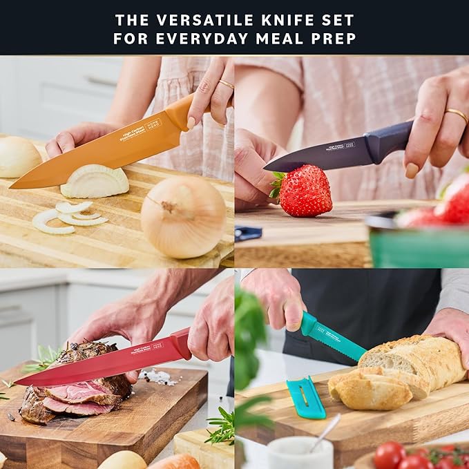 Home Hero Kitchen Knife Set - High Carbon Stainless Steel Blades - Nonstick Ceramic Coating - Ergonomic Handles with Protective Sheaths - 12 Pieces, Multicolor