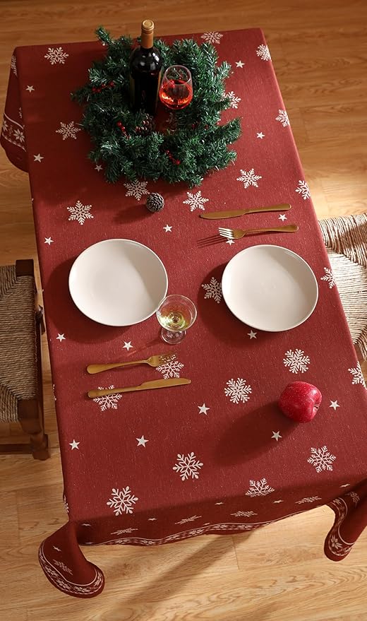 ISAENNE Designer Christmas Red Extra Long Rectangle Tablecloth,Linen Table Cloth with Snowflakes Pattern,Wrinkle Resistant Decor Tablecloths for Dining Kitchen Thanksgiving,63"*110"-Carol C