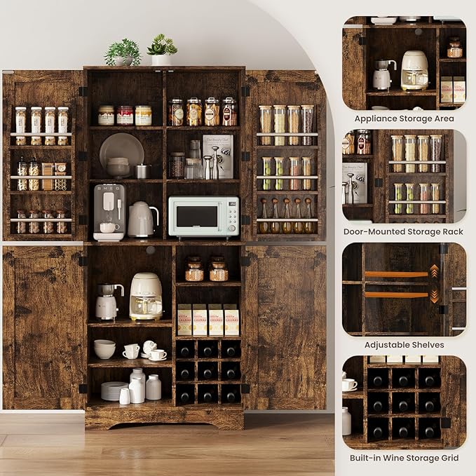 71" Tall Kitchen Pantry, Farmhouse Storage Cabinet with Doors, Shelves, Rustic Wood Cupboard, Built-in Wine Storage Grid & 6 Door Shelves for Kitchen, Dining Room, Rustic Brown