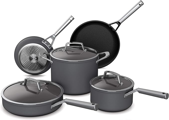 Ninja C38000 Foodi NeverStick Premium 8-Piece Cookware Set with Glass Lids, Hard-Anodized, Nonstick, Durable & Oven Safe to 500°F, Slate Grey